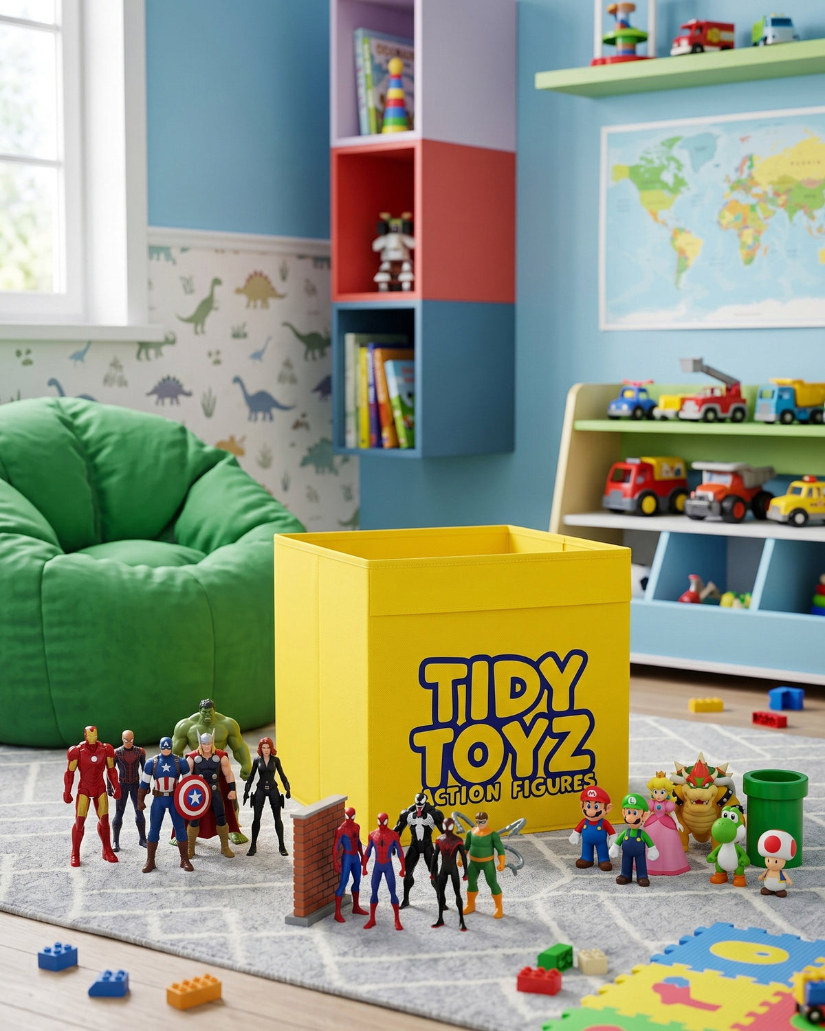 Yellow Tidy Toyz action figure storage box that fits IKEA Kallax, in a child's playroom