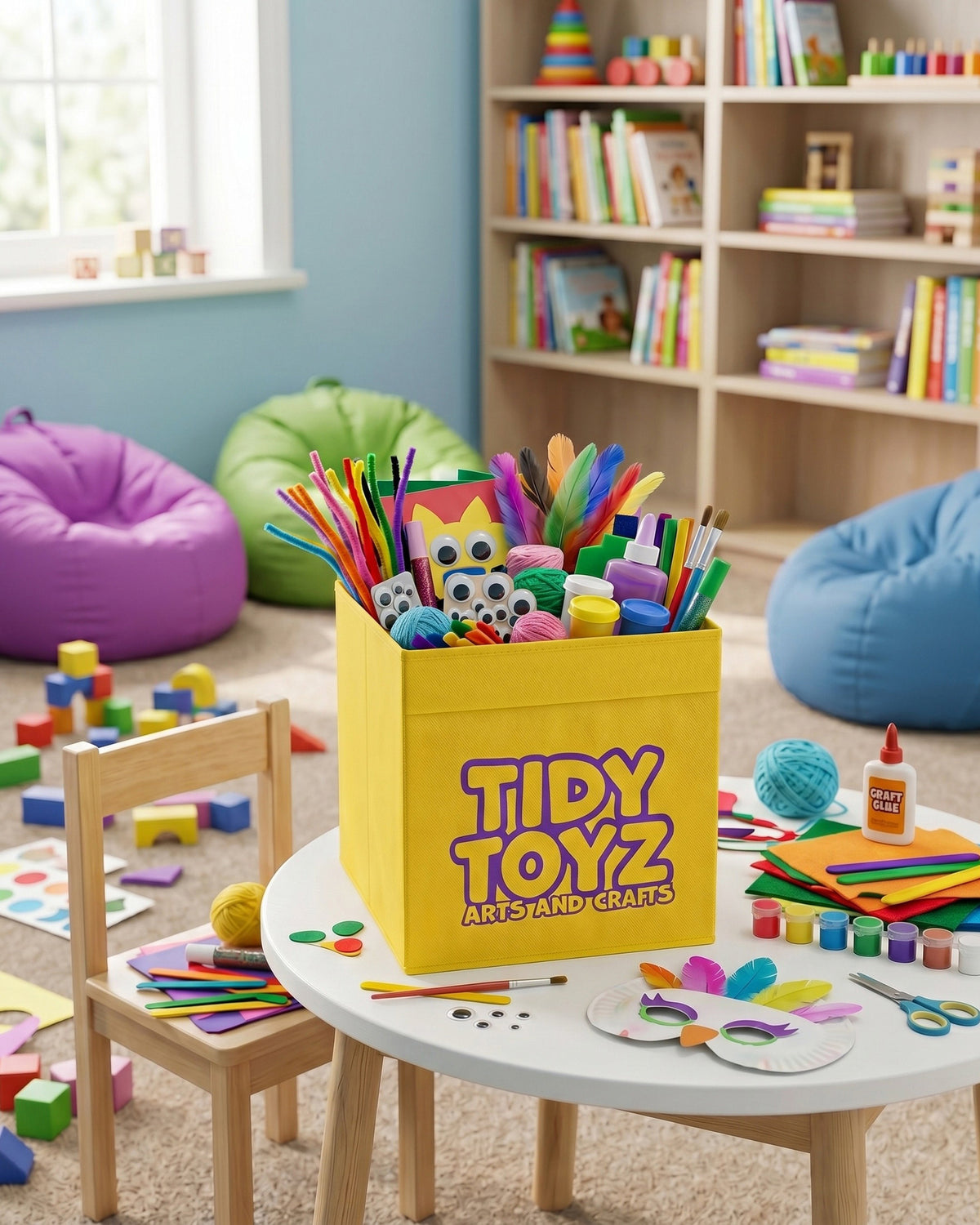 Yellow Tidy Toyz arts and crafts storage box that fits IKEA Kallax, in a child's playroom