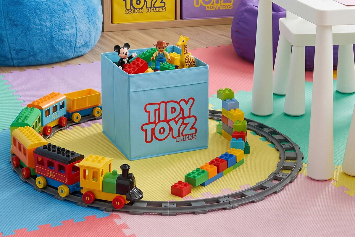 Sky blue Tidy Toyz LEGO and building brick storage box filled with bricks in a child's playroom