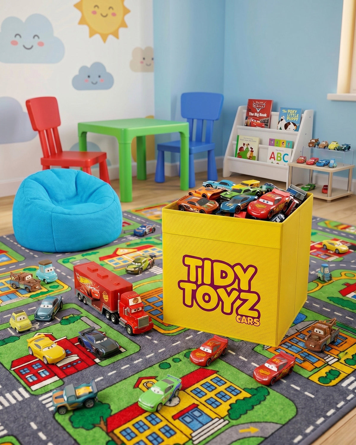 Yellow Tidy Toyz toy car storage box that fits IKEA Kallax, in a child's playroom