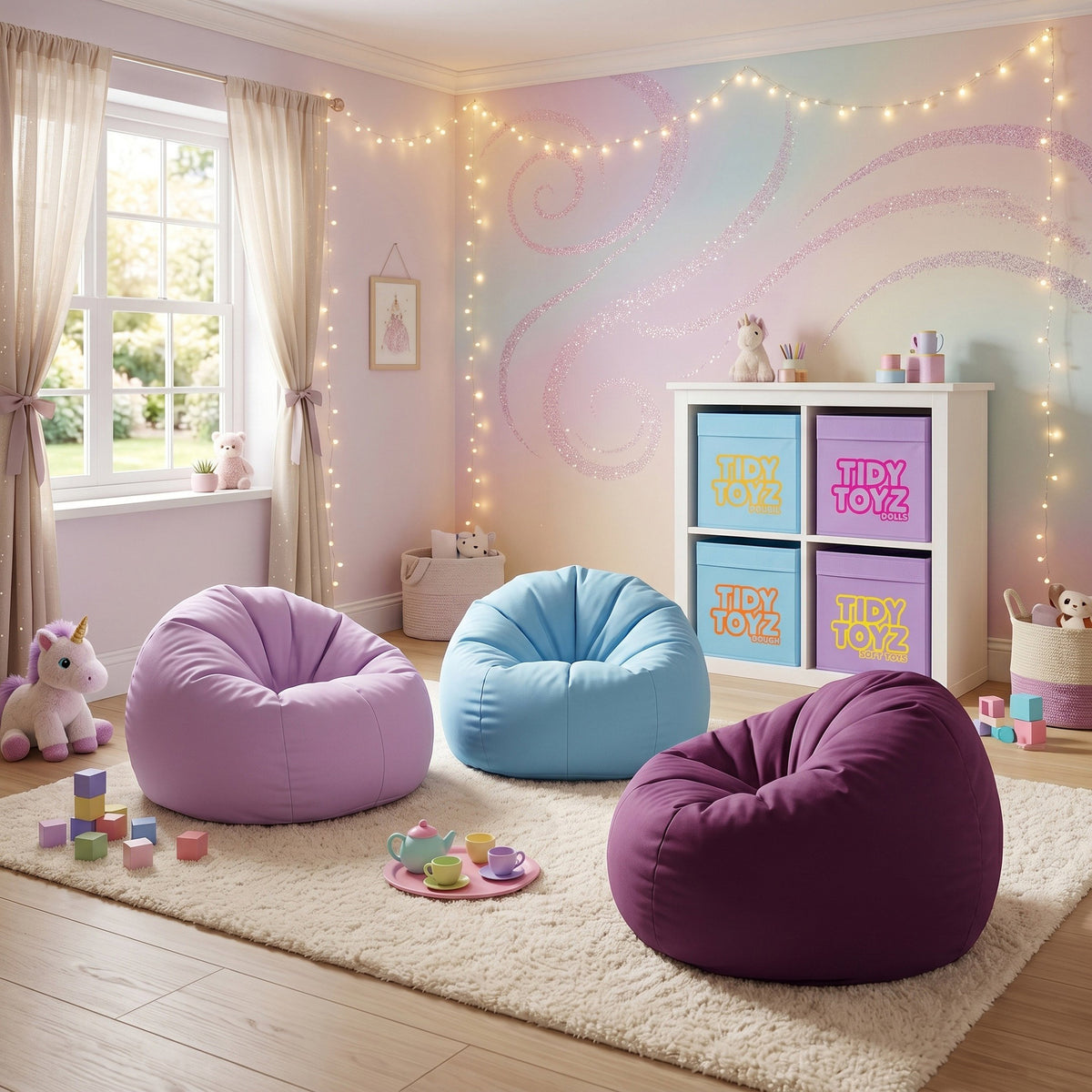 Children's playroom styled with bright Tidy Toyz fabric toy storage boxes in IKEA Kallax style units