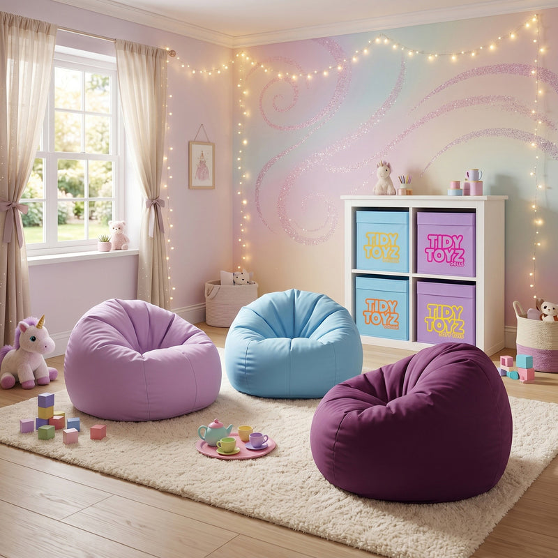 Children's playroom styled with bright Tidy Toyz fabric toy storage boxes in IKEA Kallax style units