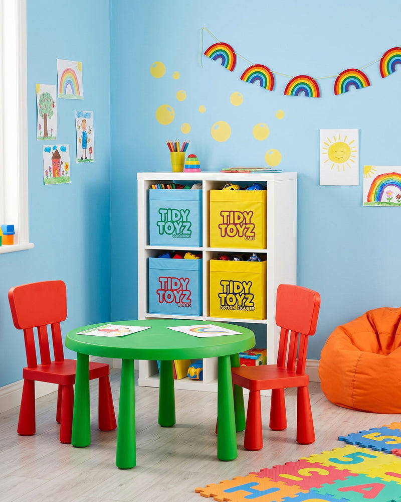 Tidy Toyz fabric toy storage boxes arranged in IKEA Kallax storage units in a playroom