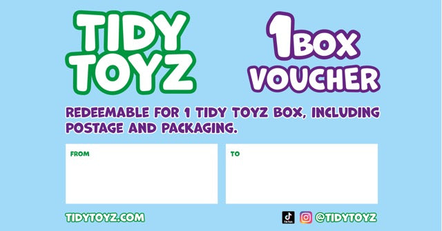 Tidy Toyz 1 Box gift voucher, redeemable for one toy storage box including postage