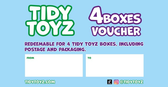 Tidy Toyz 4 Boxes gift voucher, redeemable for four toy storage boxes including postage