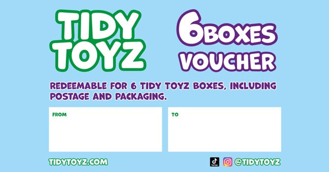 Tidy Toyz 6 Boxes gift voucher, redeemable for six toy storage boxes with free postage