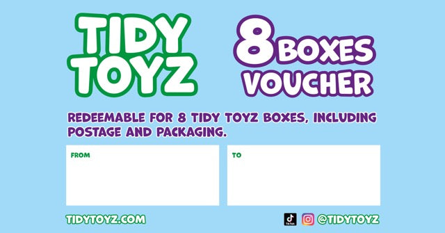 Tidy Toyz 8 Boxes gift voucher, redeemable for eight toy storage boxes with free postage